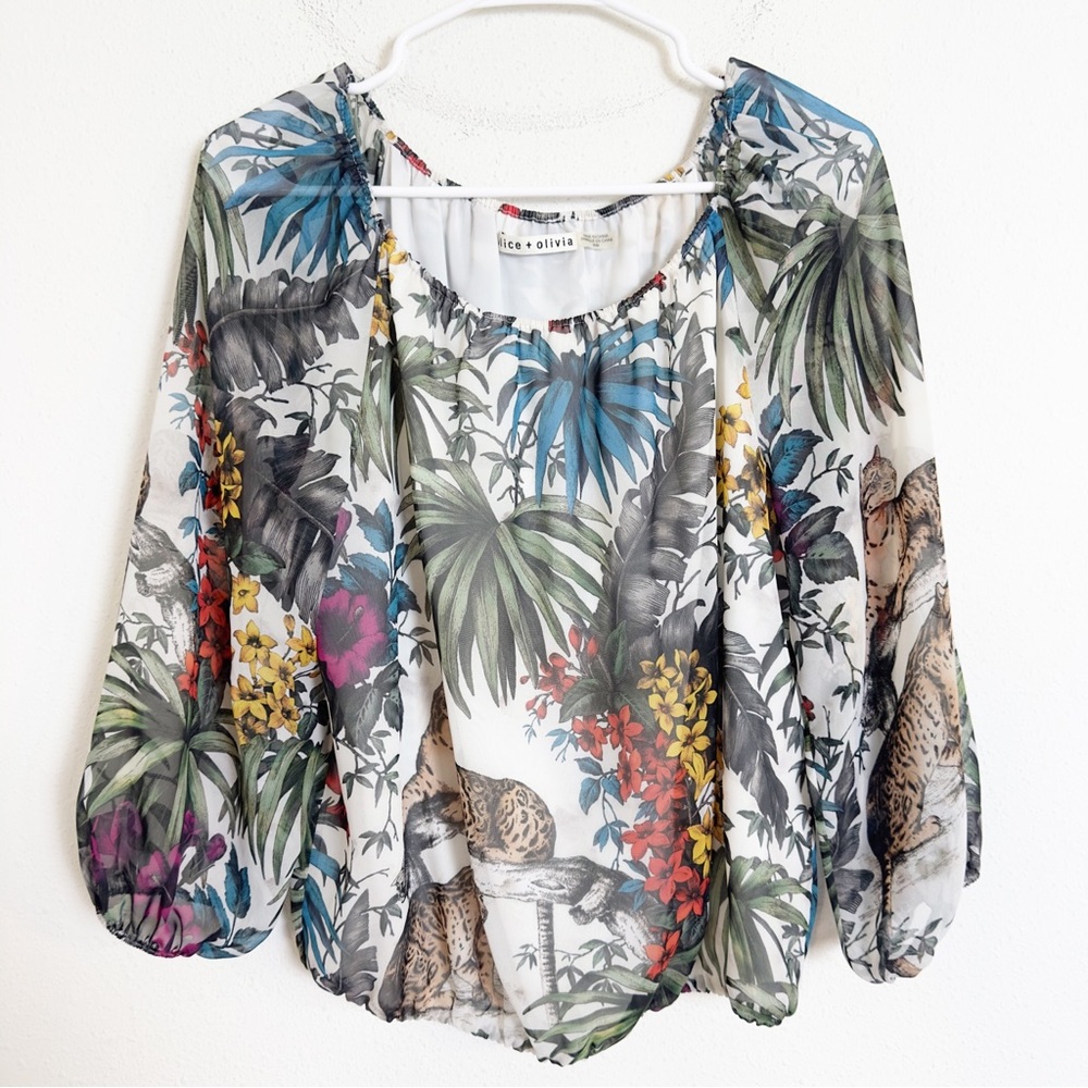 🐅🌸🌴Alice + Olivia Multicolor Animal + Floral long sleeve blouse Top🌴🌸🐅